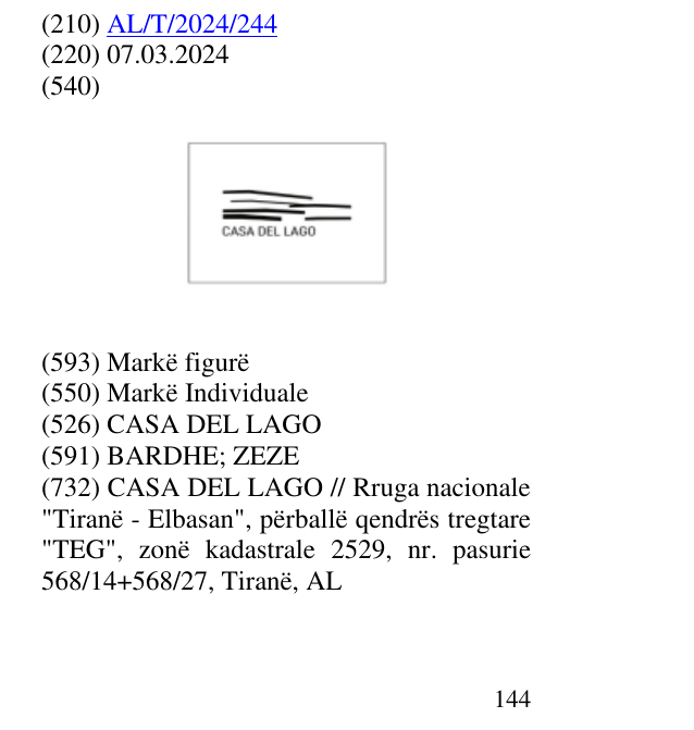 Zëri i markës CASA DEL LAGO në buletin
