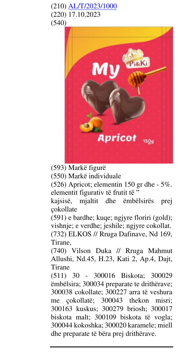 Zëri i markës Apricot; elementin 150 gr dhe - 5%. elementit figurativ të frutit të ” kajsisë, mjaltit dhe ëmbëlsirës prej çokollate në buletin
