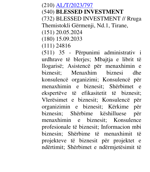 Zëri i markës BLESSED INVESTMENT në buletin
