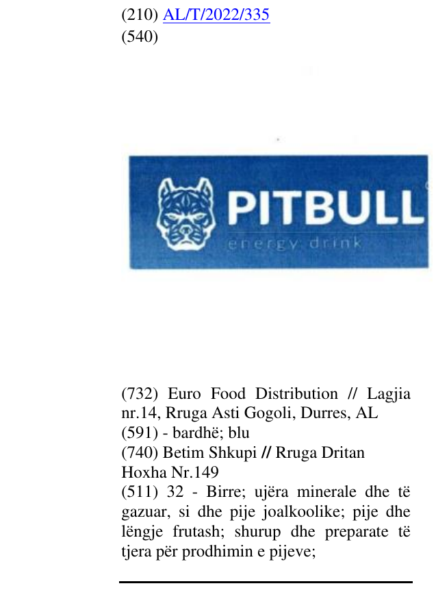 Zëri i markës PITBULL energy drink në buletin