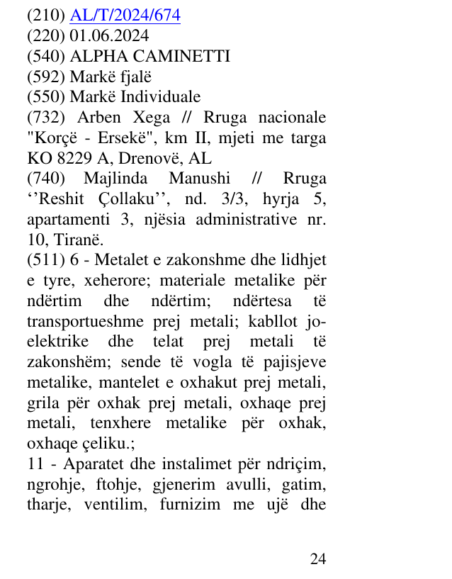 Zëri i markës ALPHA CAMINETTI në buletin