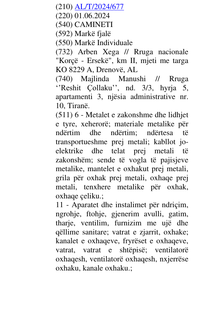 Zëri i markës CAMINETI në buletin