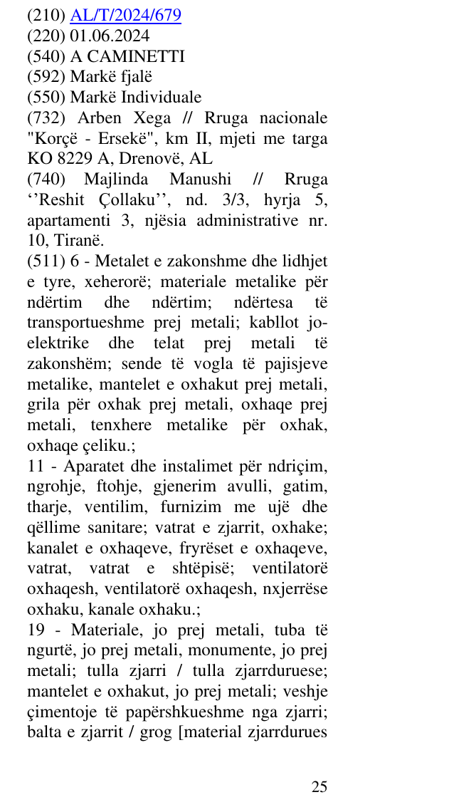 Zëri i markës A CAMINETTI në buletin
