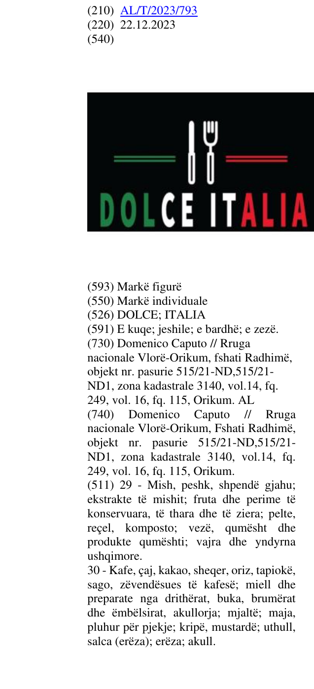 Zëri i markës DOLCE; ITALIA në buletin