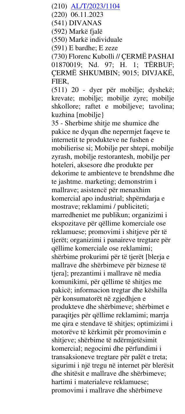Zëri i markës DIVANAS në buletin