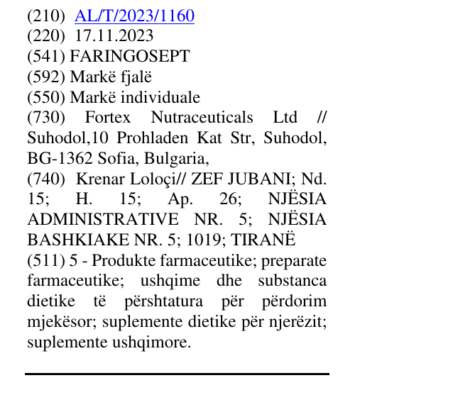 Zëri i markës FARINGOSEPT në buletin