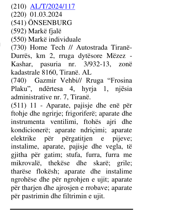 Zëri i markës ÖNSENBURG në buletin