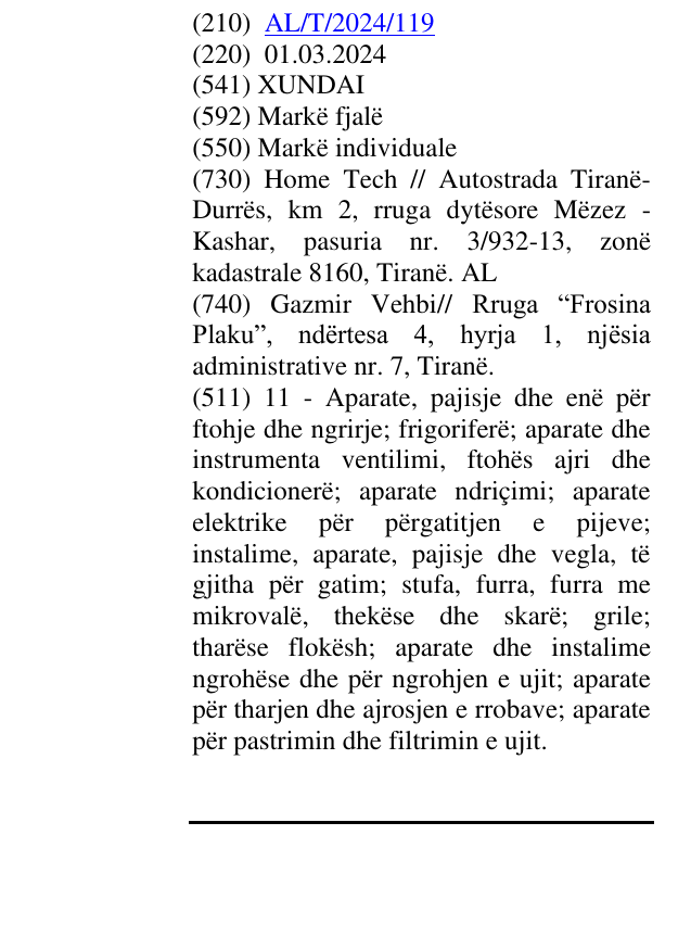 Zëri i markës XUNDAI në buletin