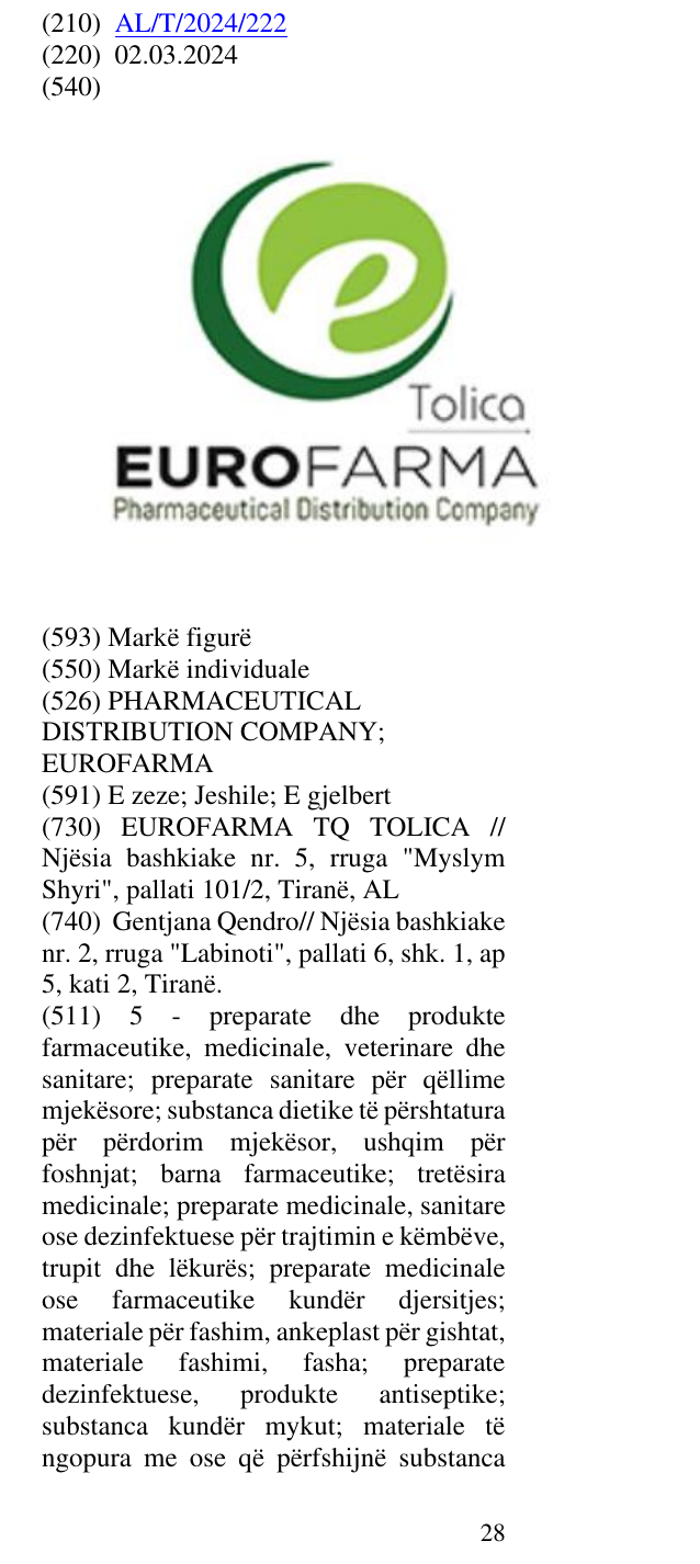 Zëri i markës PHARMACEUTICAL DISTRIBUTION COMPANY; EUROFARMA në buletin