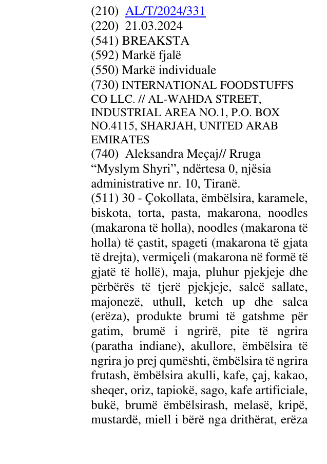 Zëri i markës BREAKSTA në buletin