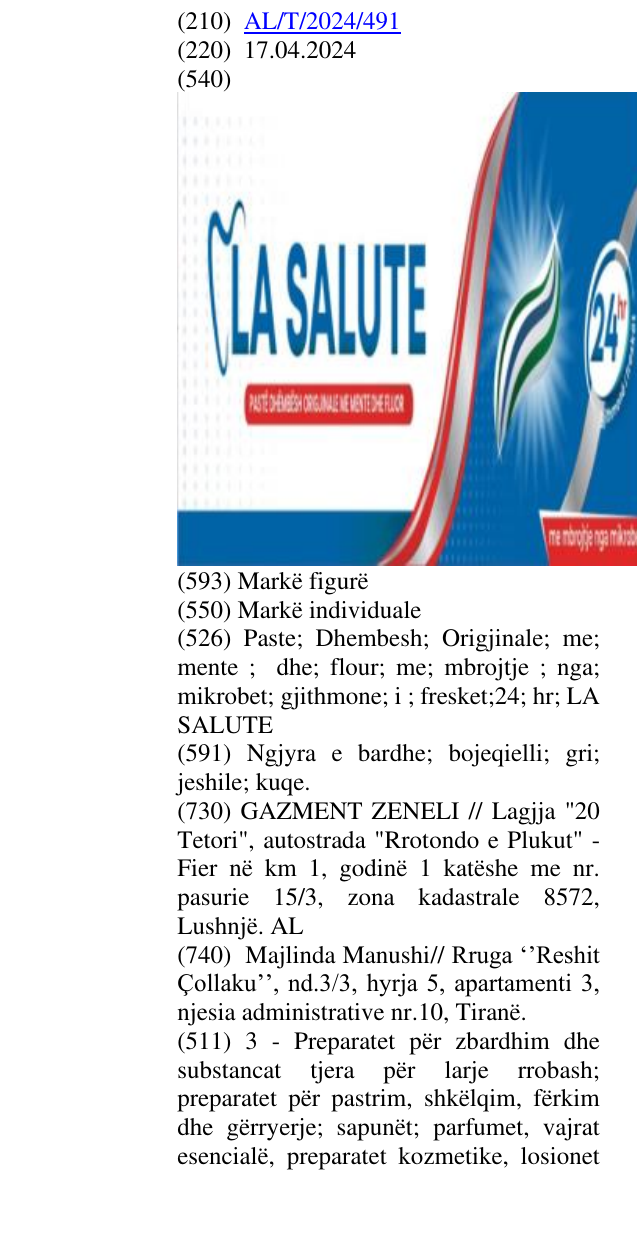 Zëri i markës Paste; Dhembesh; Origjinale; me; mente ; dhe; flour; me; mbrojtje ; nga; mikrobet; gjithmone; i ; fresket;24; hr; LA SALUTE në buletin