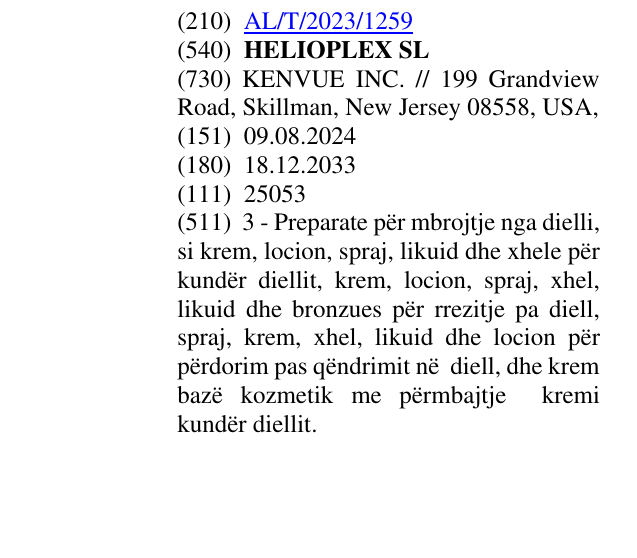 Zëri i markës HELIOPLEX SL në buletin