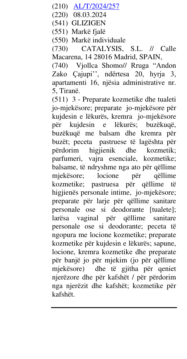 Zëri i markës GLIZIGEN në buletin