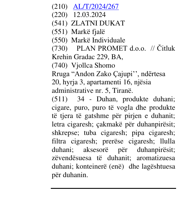 Zëri i markës ZLATNI DUKAT në buletin