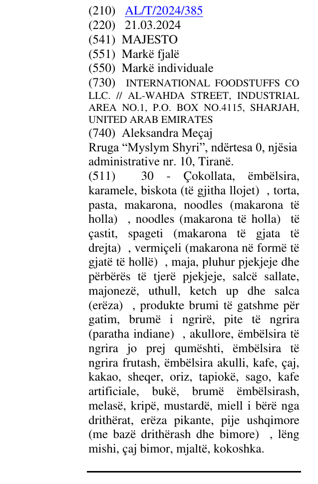Zëri i markës MAJESTO në buletin