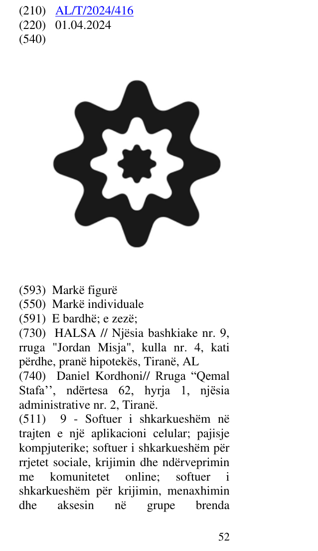 Zëri i markës AL/T/2024/416 në buletin