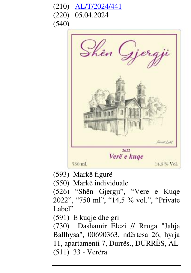 Zëri i markës “Shën Gjergji”, “Vere e Kuqe 2022”, “750 ml”, “14,5 % vol.”, “Private Label” në buletin