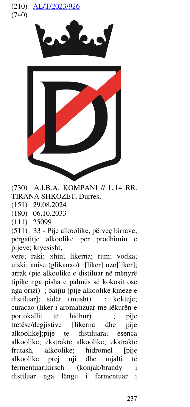 Zëri i markës AL/T/2023/926 në buletin