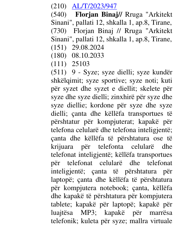 Zëri i markës Florjan Binaj// Rruga "Arkitekt Sinani", pallati 12, shkalla 1, ap.8, Tirane, në buletin