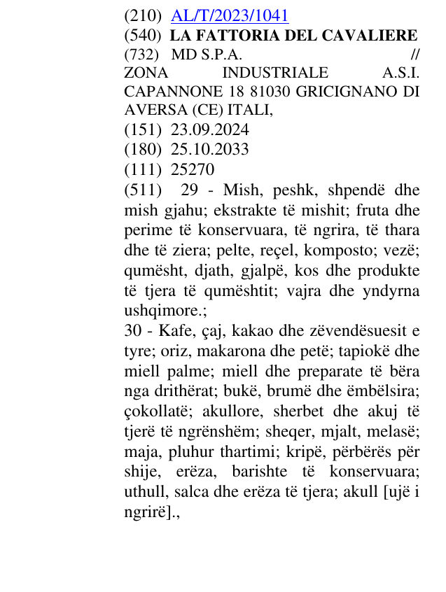 Zëri i markës LA FATTORIA DEL CAVALIERE në buletin