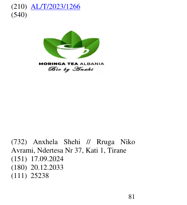 Zëri i markës MORINGA; TEA; ALBANIA; BIO; BY. në buletin