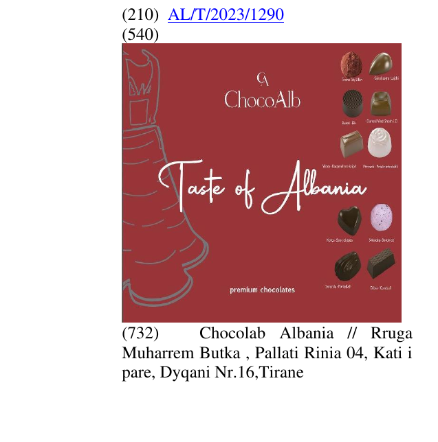 Zëri i markës Premium; Chocolates; Tirana; vaj; ulliri; Gjirokastra; Lajthi; Berati; Fik; Durresi; Vere; Shesh i Zi; Vlora; Karamel; me; kripe; Permeti; Petale; trendafili; Korca; Spec; djeges; Shkodra; 88 Borinice; Alb; elementet figurative te cokollatave në buletin