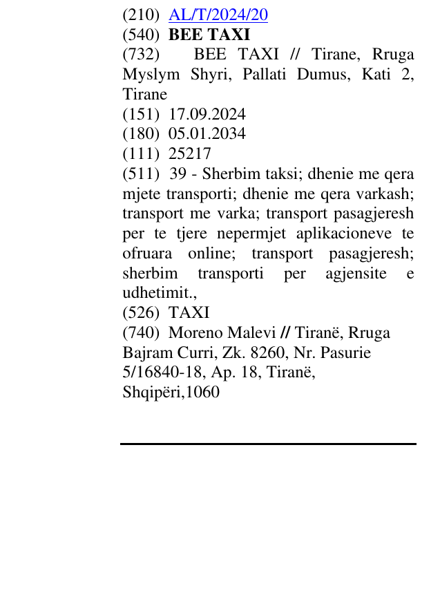 Zëri i markës BEE TAXI në buletin