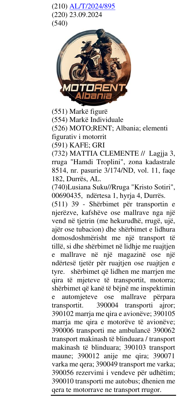Zëri i markës MOTO;RENT; Albania; elementi figurativ i motorrit në buletin