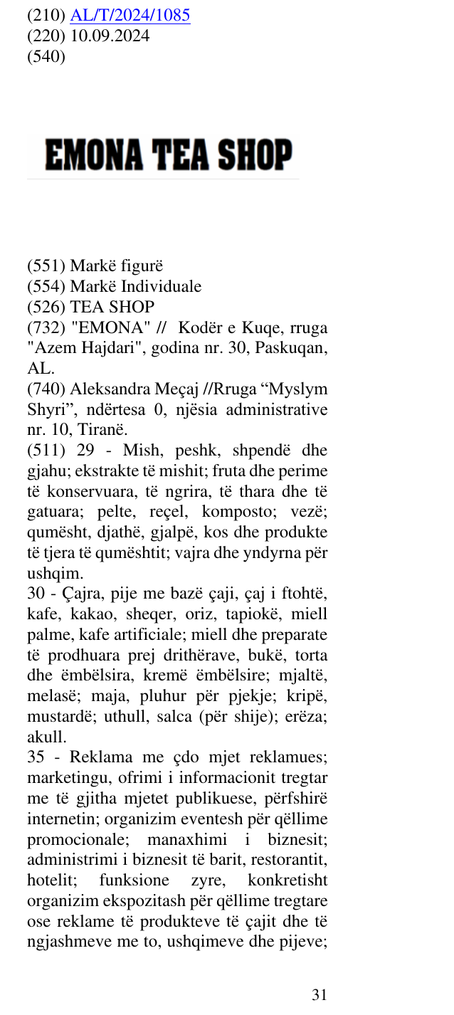 Zëri i markës TEA SHOP në buletin