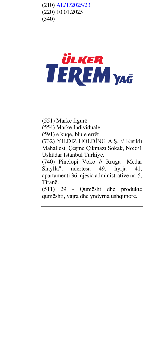 Zëri i markës ÜLKER TEREM YAĞ në buletin