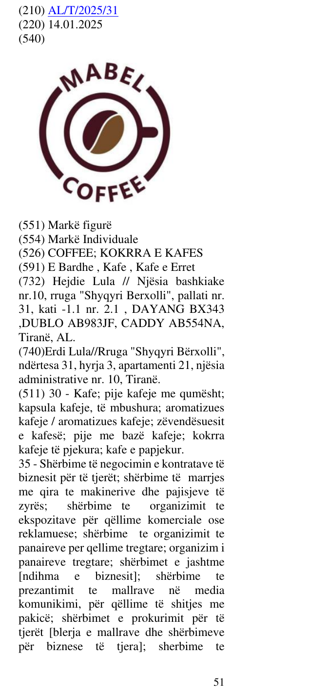 Zëri i markës COFFEE; KOKRRA E KAFES në buletin