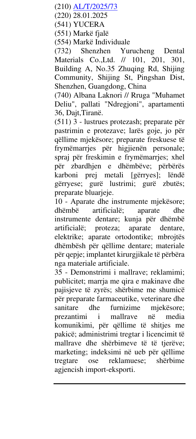 Zëri i markës YUCERA në buletin