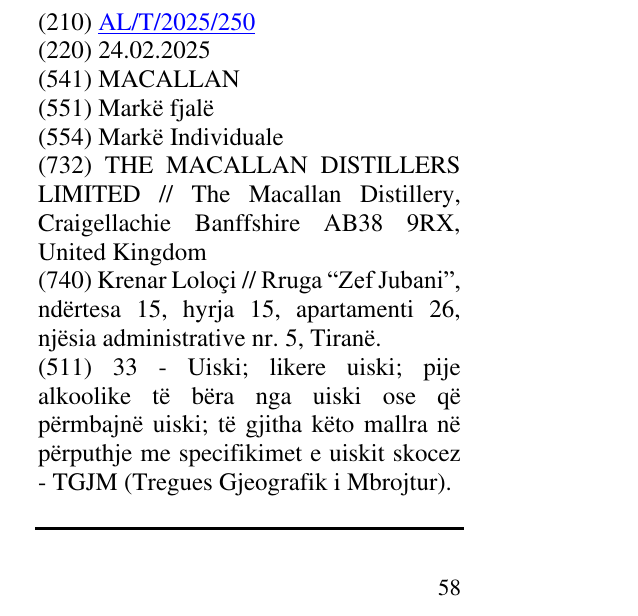 Zëri i markës MACALLAN në buletin
