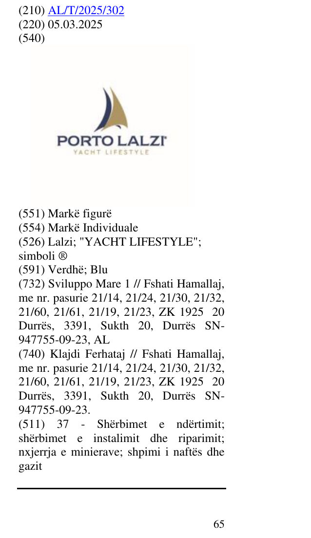 Zëri i markës Lalzi; "YACHT LIFESTYLE"; simboli ® në buletin
