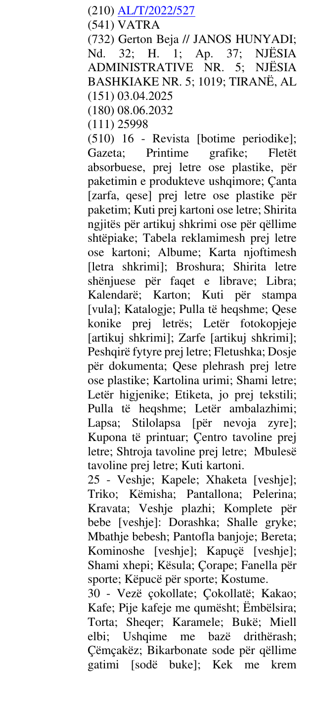 Zëri i markës VATRA në buletin
