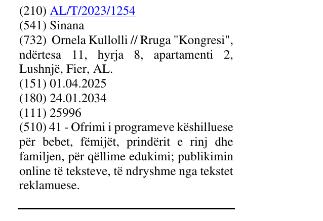 Zëri i markës Sinana në buletin