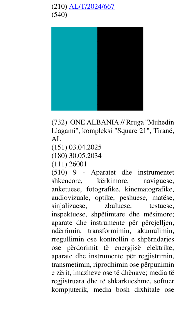 Zëri i markës AL/T/2024/667 në buletin