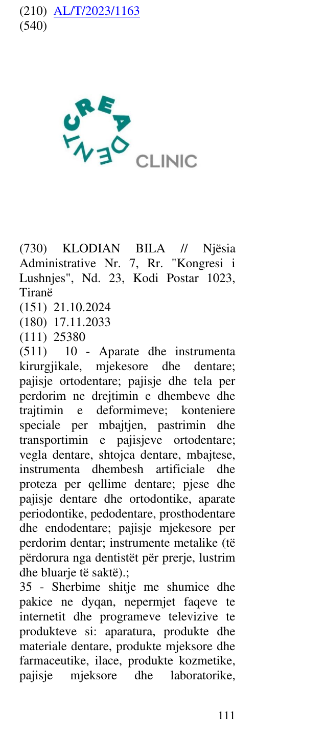 Zëri i markës CLINIC; DENT në buletin