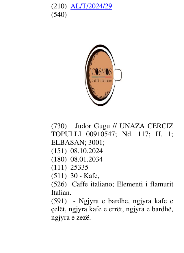 Zëri i markës Caffe italiano; Elementi i flamurit Italian. në buletin