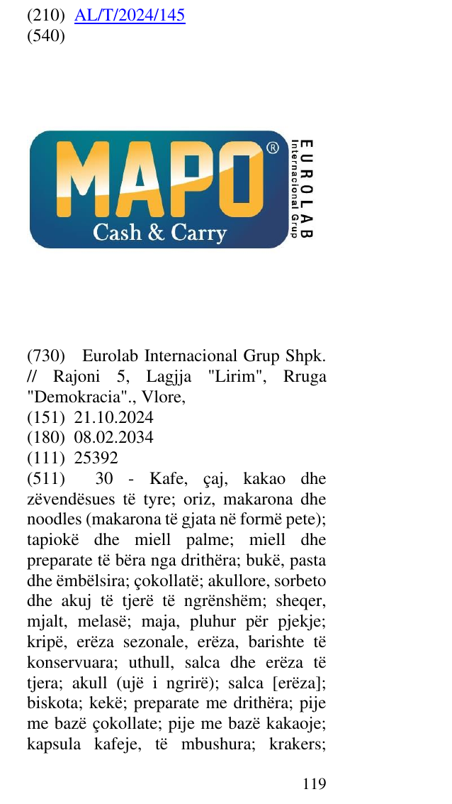 Zëri i markës simbolin ® CASH & CARRY”; “INTERNACIONAL”; “GRUP”; në buletin