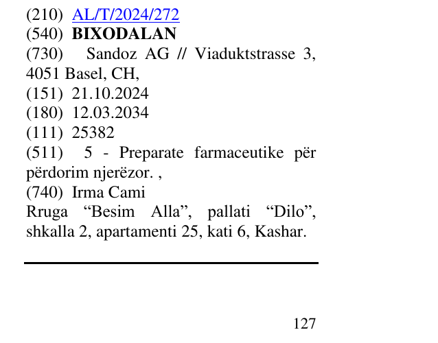 Zëri i markës BIXODALAN në buletin