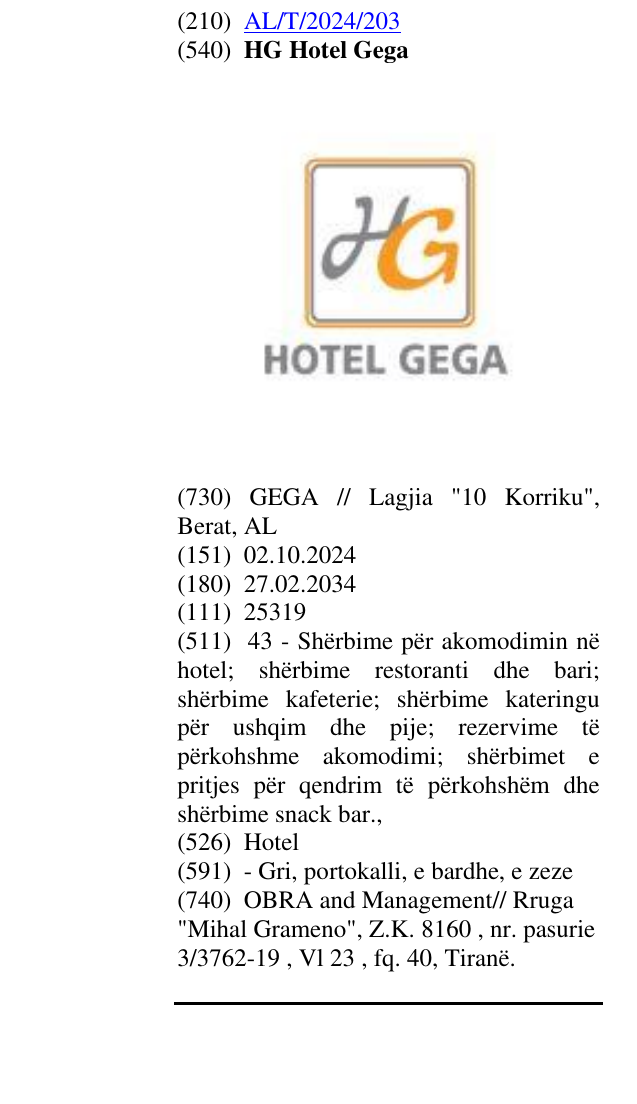 Zëri i markës HG Hotel Gega në buletin