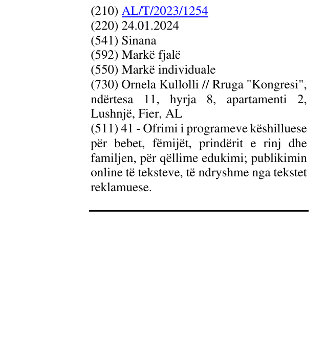 Zëri i markës Sinana në buletin