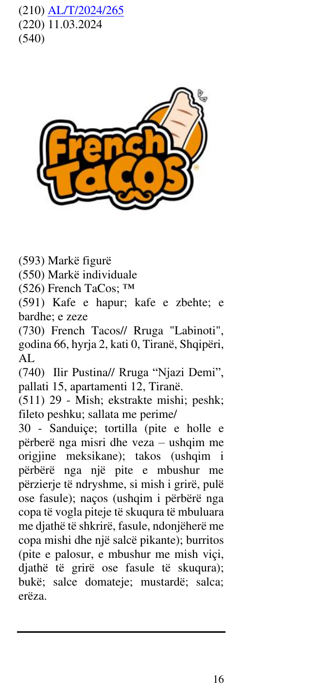 Zëri i markës French TaCos; ™ në buletin