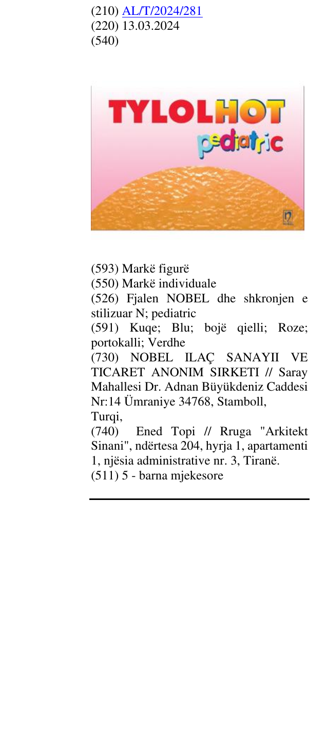 Zëri i markës Fjalen NOBEL dhe shkronjen e stilizuar N; pediatric në buletin