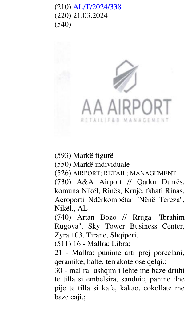 Zëri i markës AIRPORT; RETAIL; MANAGEMENT në buletin