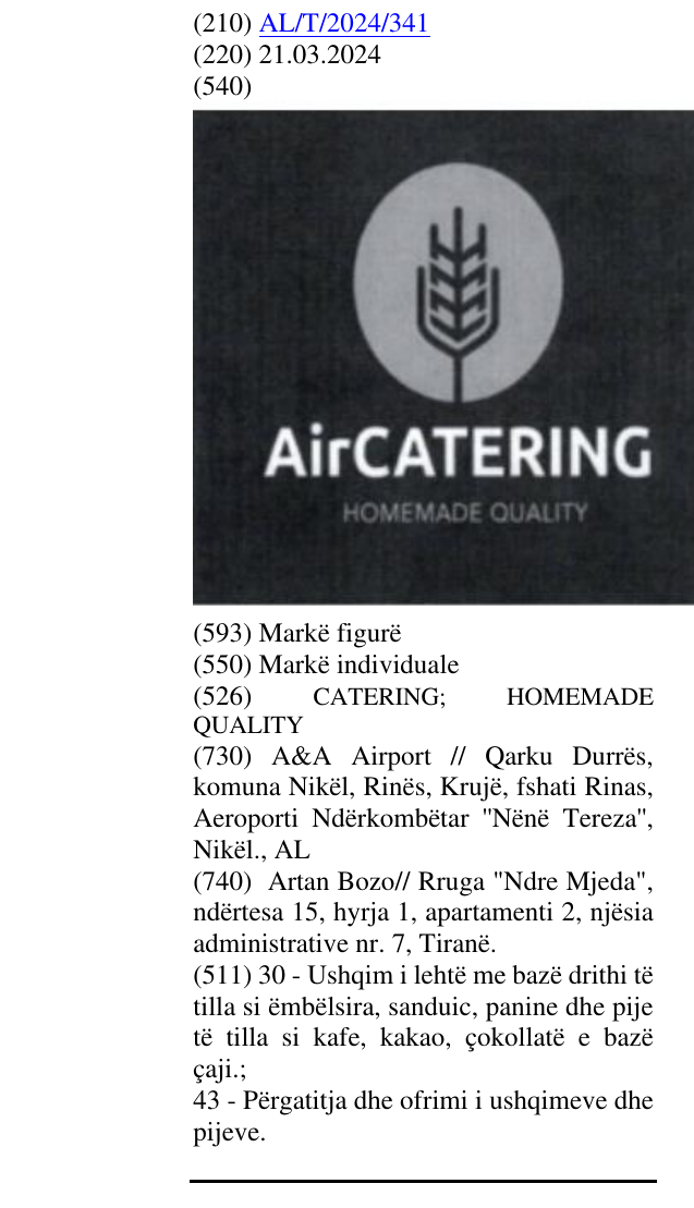 Zëri i markës CATERING; HOMEMADE QUALITY në buletin