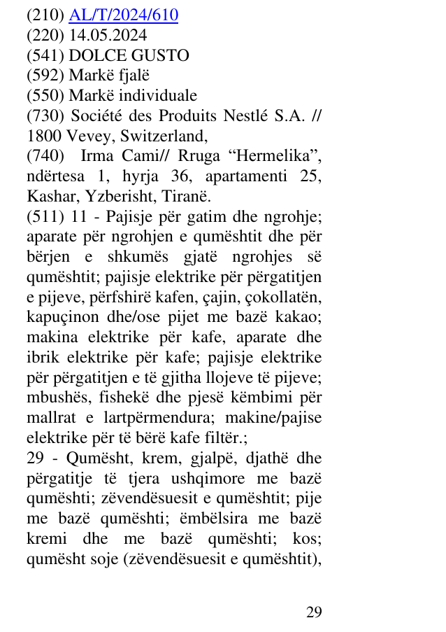 Zëri i markës DOLCE GUSTO në buletin