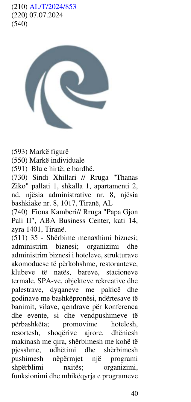 Zëri i markës AL/T/2024/853 në buletin
