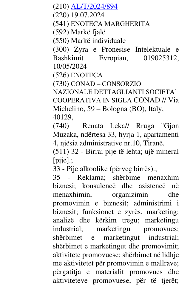 Zëri i markës ENOTECA në buletin